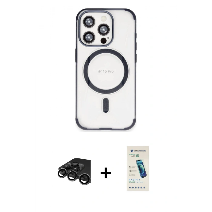 MARSİLYAN™- iPhone 15 Pro Max Kılıf Eksen Klasik Koleksiyonu - Şeffaf Pasifik Cam Ekran Koruyucu + Raze Metal Kamera Lens - TMGI