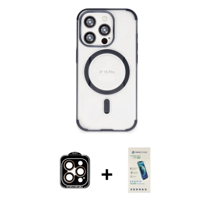 MARSİLYAN™- iPhone 15 Pro Max Kılıf Eksen Klasik Koleksiyonu - Şeffaf Pasifik Cam Ekran Koruyucu + PVD Metal Kamera Lens - TU