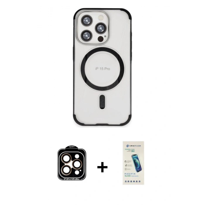 MARSİLYAN™- iPhone 15 Pro Max Kılıf Eksen Klasik Koleksiyonu - Şeffaf Pasifik Cam Ekran Koruyucu + PVD Metal Kamera Lens - TU