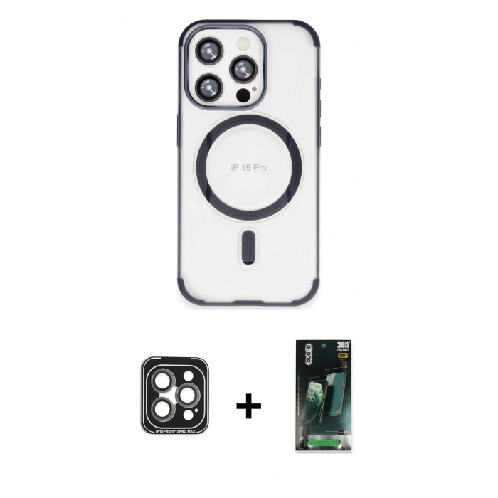 MARSİLYAN™- iPhone 15 Pro Max Kılıf Eksen Klasik Koleksiyonu - Siyah 360 Mat Full Body Arka Koruyucu + Gri PVD Metal Kamera Lens