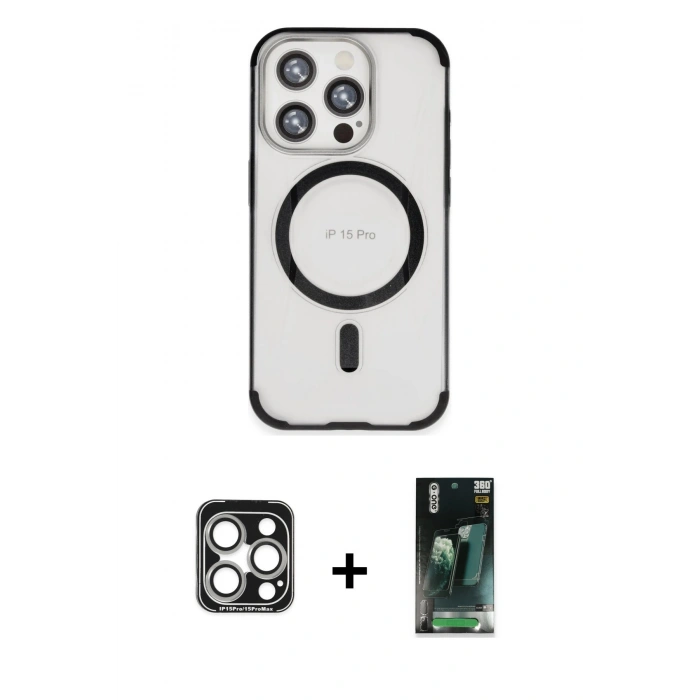 MARSİLYAN™- iPhone 15 Pro Max Kılıf Eksen Klasik Koleksiyonu - Siyah 360 Mat Full Body Arka Koruyucu + Gümüş PVD Metal Kamera Lens