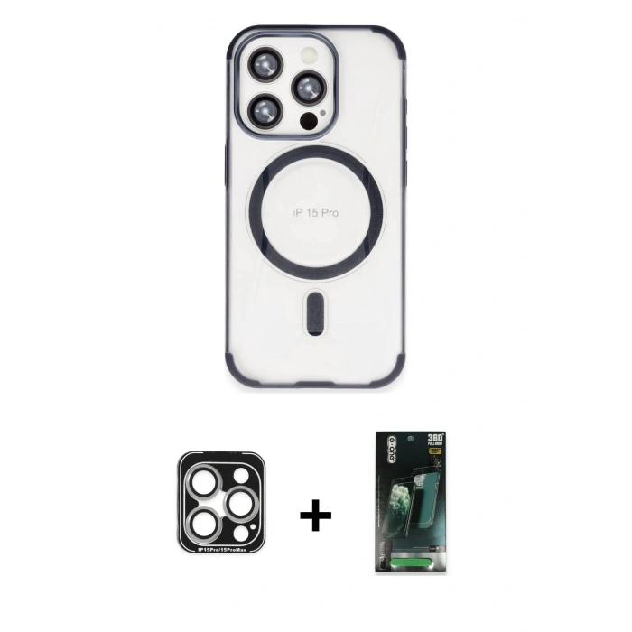 MARSİLYAN™- iPhone 15 Pro Max Kılıf Eksen Klasik Koleksiyonu - Siyah 360 Mat Full Body Arka Koruyucu + Gümüş PVD Metal Kamera Lens