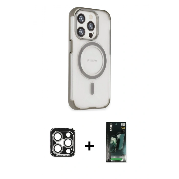 MARSİLYAN™- iPhone 15 Pro Max Kılıf Eksen Klasik Koleksiyonu - Siyah 360 Mat Full Body Arka Koruyucu + Gümüş PVD Metal Kamera Lens