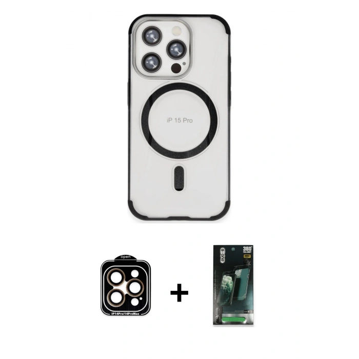 MARSİLYAN™- iPhone 15 Pro Max Kılıf Eksen Klasik Koleksiyonu - Siyah 360 Mat Full Body Arka Koruyucu + PVD Metal Kamera Lens - TU
