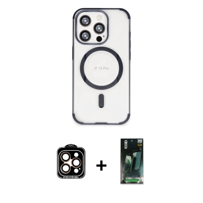 MARSİLYAN™- iPhone 15 Pro Max Kılıf Eksen Klasik Koleksiyonu - Siyah 360 Mat Full Body Arka Koruyucu + PVD Metal Kamera Lens - TU