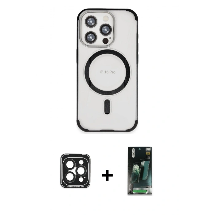 MARSİLYAN™- iPhone 15 Pro Max Kılıf Eksen Klasik Koleksiyonu - Siyah 360 Mat Full Body Arka Koruyucu + Siyah PVD Metal Kamera Lens