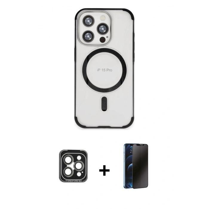 MARSİLYAN™- iPhone 15 Pro Max Kılıf Eksen Klasik Koleksiyonu - Siyah 3D Antistatik Hayalet Cam Ekran Koruyucu + PVD Metal Kamera Lens - GI