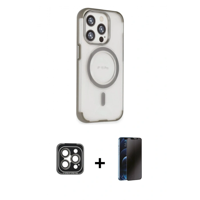 MARSİLYAN™- iPhone 15 Pro Max Kılıf Eksen Klasik Koleksiyonu - Siyah 3D Antistatik Hayalet Cam Ekran Koruyucu + PVD Metal Kamera Lens - GI