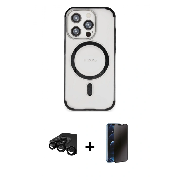 MARSİLYAN™- iPhone 15 Pro Max Kılıf Eksen Klasik Koleksiyonu - Siyah 3D Antistatik Hayalet Cam Ekran Koruyucu + Raze Metal Kamera Lens - SH