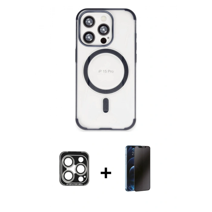 MARSİLYAN™- iPhone 15 Pro Max Kılıf Eksen Klasik Koleksiyonu - Siyah 3D Antistatik Hayalet Cam Ekran Koruyucu + PVD Metal Kamera Lens - GS