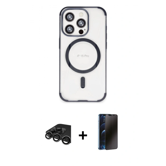 MARSİLYAN™- iPhone 15 Pro Max Kılıf Eksen Klasik Koleksiyonu - Siyah 3D Antistatik Hayalet Cam Ekran Koruyucu + Raze Metal Kamera Lens - TMGI