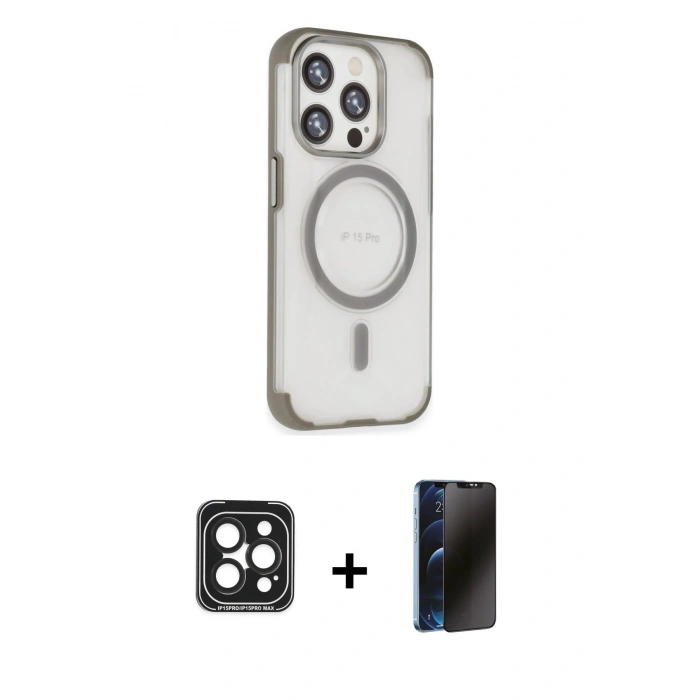 MARSİLYAN™- iPhone 15 Pro Max Kılıf Eksen Klasik Koleksiyonu - Siyah 3D Antistatik Hayalet Cam Ekran Koruyucu + PVD Metal Kamera Lens - SH