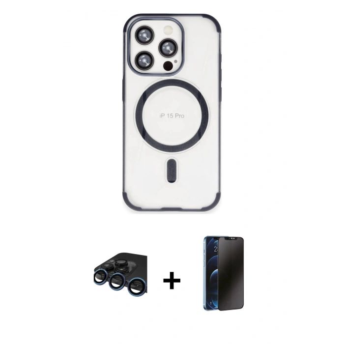 MARSİLYAN™- iPhone 15 Pro Max Kılıf Eksen Klasik Koleksiyonu - Siyah 3D Antistatik Hayalet Cam Ekran Koruyucu + Raze Metal Kamera Lens - LT