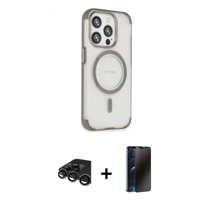 MARSİLYAN™- iPhone 15 Pro Max Kılıf Eksen Klasik Koleksiyonu - Siyah 3D Antistatik Hayalet Cam Ekran Koruyucu + Raze Metal Kamera Lens - TMGI