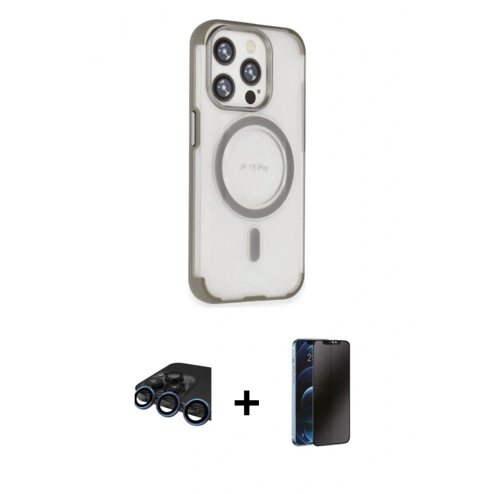 MARSİLYAN™- iPhone 15 Pro Max Kılıf Eksen Klasik Koleksiyonu - Siyah 3D Antistatik Hayalet Cam Ekran Koruyucu + Raze Metal Kamera Lens - LT