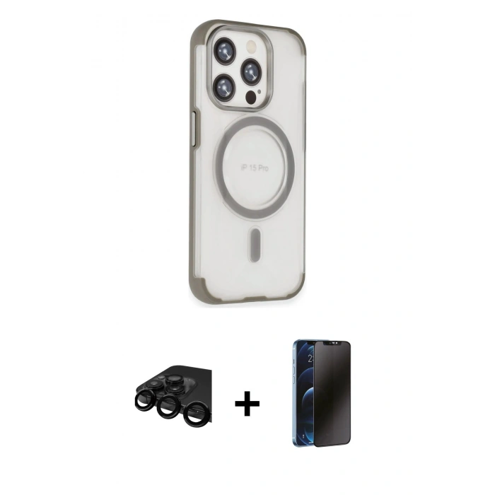 MARSİLYAN™- iPhone 15 Pro Max Kılıf Eksen Klasik Koleksiyonu - Siyah 3D Antistatik Hayalet Cam Ekran Koruyucu + Raze Metal Kamera Lens - SH