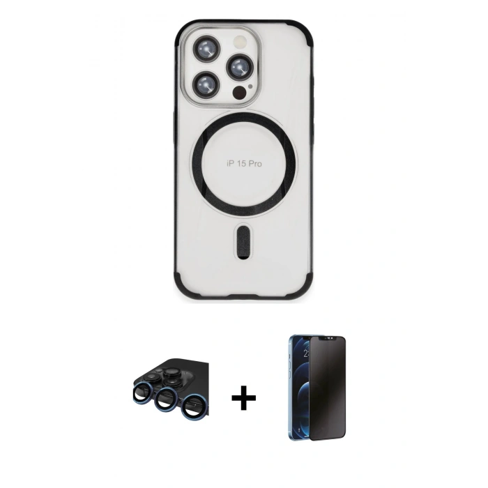 MARSİLYAN™- iPhone 15 Pro Max Kılıf Eksen Klasik Koleksiyonu - Siyah 3D Antistatik Hayalet Cam Ekran Koruyucu + Raze Metal Kamera Lens - LT