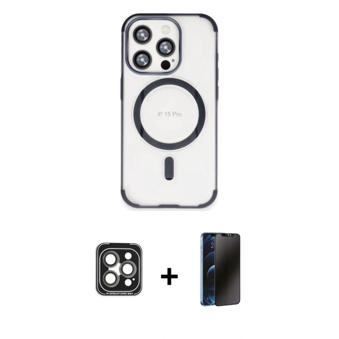 MARSİLYAN™- iPhone 15 Pro Max Kılıf Eksen Klasik Koleksiyonu - Siyah 3D Antistatik Hayalet Cam Ekran Koruyucu + PVD Metal Kamera Lens - GI