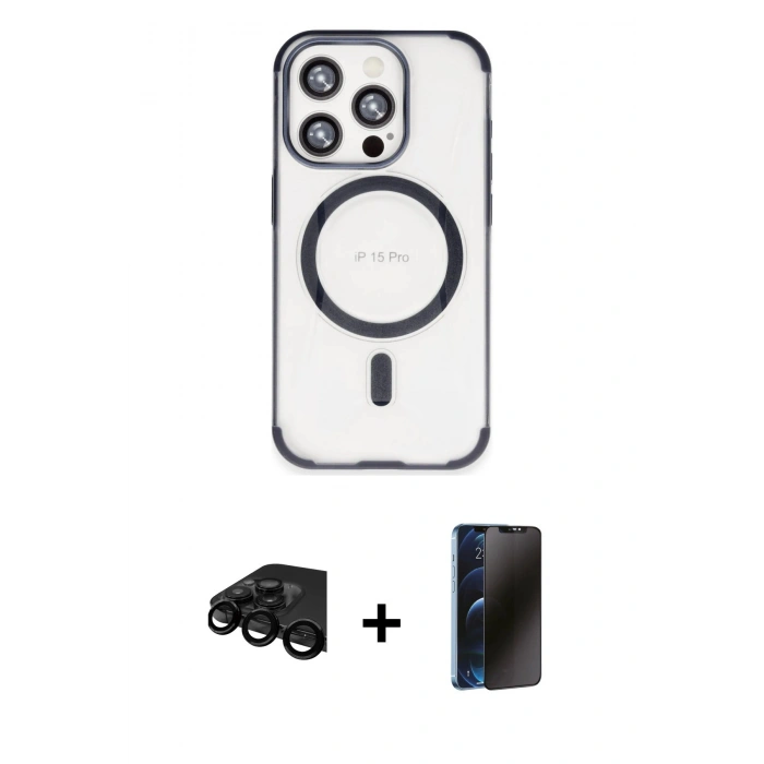 MARSİLYAN™- iPhone 15 Pro Max Kılıf Eksen Klasik Koleksiyonu - Siyah 3D Antistatik Hayalet Cam Ekran Koruyucu + Raze Metal Kamera Lens - SH