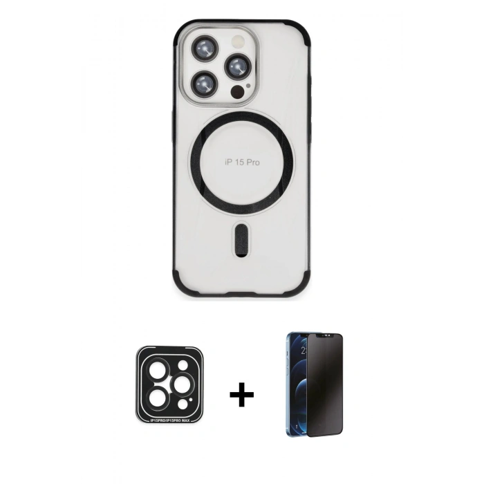 MARSİLYAN™- iPhone 15 Pro Max Kılıf Eksen Klasik Koleksiyonu - Siyah 3D Antistatik Hayalet Cam Ekran Koruyucu + PVD Metal Kamera Lens - SH