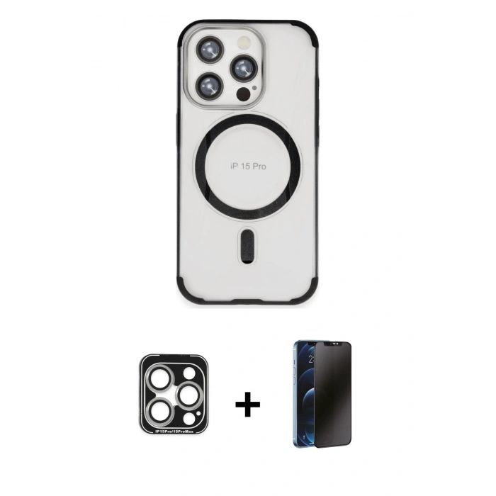 MARSİLYAN™- iPhone 15 Pro Max Kılıf Eksen Klasik Koleksiyonu - Siyah 3D Antistatik Hayalet Cam Ekran Koruyucu + PVD Metal Kamera Lens - GS