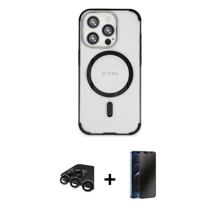 MARSİLYAN™- iPhone 15 Pro Max Kılıf Eksen Klasik Koleksiyonu - Siyah 3D Antistatik Hayalet Cam Ekran Koruyucu + Raze Metal Kamera Lens - TMGI