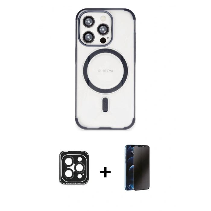 MARSİLYAN™- iPhone 15 Pro Max Kılıf Eksen Klasik Koleksiyonu - Siyah 3D Antistatik Hayalet Cam Ekran Koruyucu + PVD Metal Kamera Lens - SH