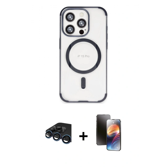 MARSİLYAN™- iPhone 15 Pro Max Kılıf Eksen Klasik Koleksiyonu - Siyah 3D Antistatik Mat Seramik Nano Ekran Koruyucu + Raze Metal Kamera Lens - LT