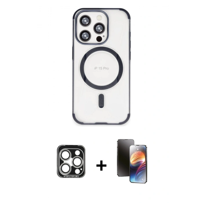 MARSİLYAN™- iPhone 15 Pro Max Kılıf Eksen Klasik Koleksiyonu - Siyah 3D Antistatik Mat Seramik Nano Ekran Koruyucu + PVD Metal Kamera Lens - GS