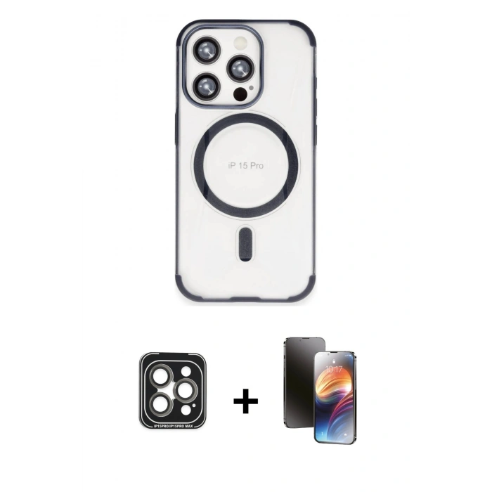 MARSİLYAN™- iPhone 15 Pro Max Kılıf Eksen Klasik Koleksiyonu - Siyah 3D Antistatik Mat Seramik Nano Ekran Koruyucu + PVD Metal Kamera Lens - GI