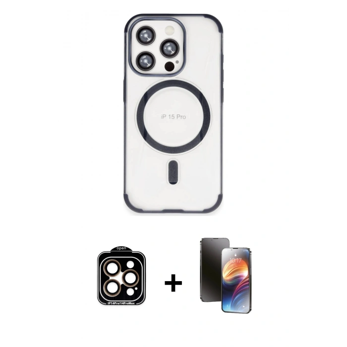 MARSİLYAN™- iPhone 15 Pro Max Kılıf Eksen Klasik Koleksiyonu - Siyah 3D Antistatik Mat Seramik Nano Ekran Koruyucu + PVD Metal Kamera Lens - TU