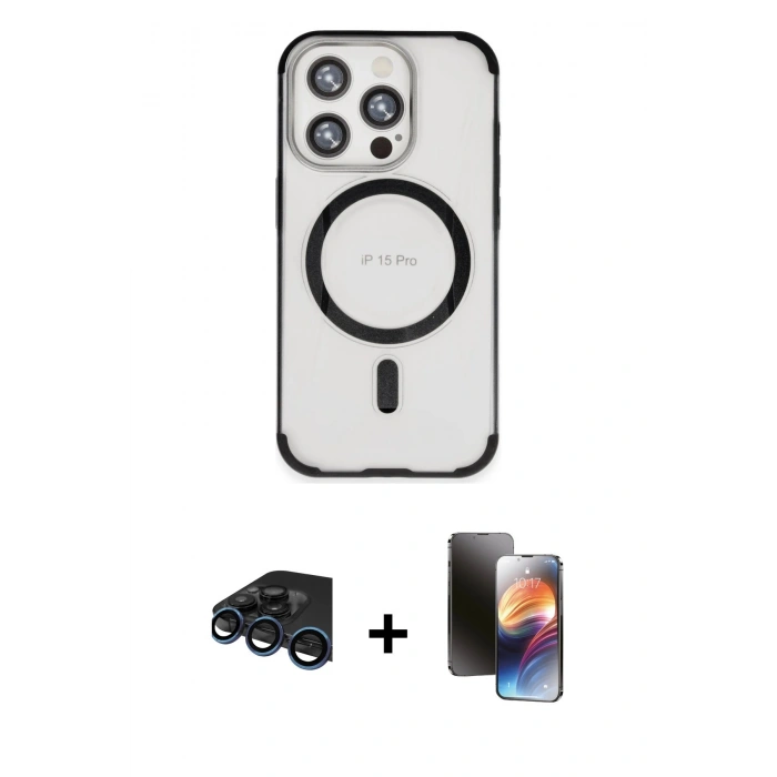 MARSİLYAN™- iPhone 15 Pro Max Kılıf Eksen Klasik Koleksiyonu - Siyah 3D Antistatik Mat Seramik Nano Ekran Koruyucu + Raze Metal Kamera Lens - LT