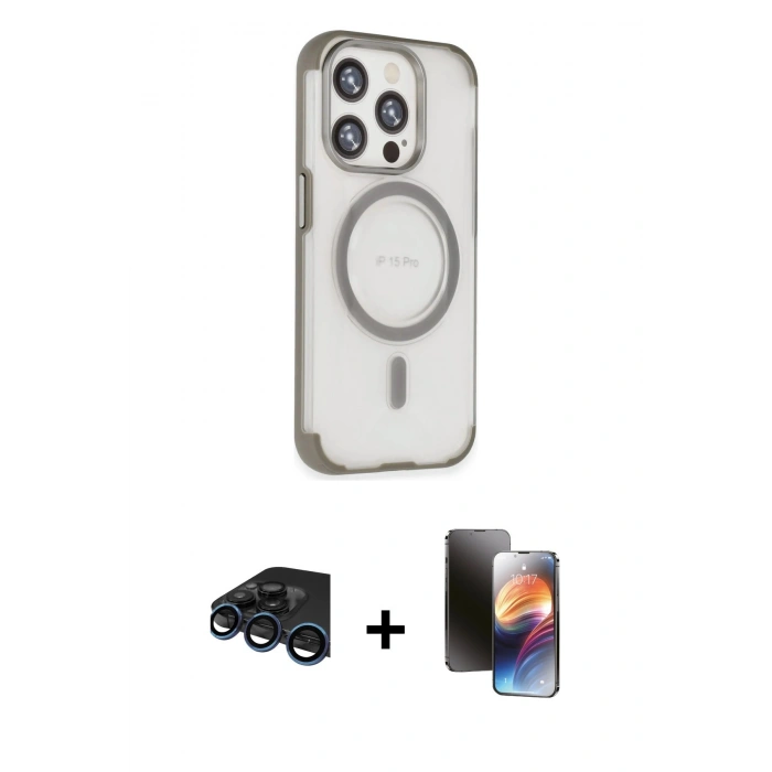 MARSİLYAN™- iPhone 15 Pro Max Kılıf Eksen Klasik Koleksiyonu - Siyah 3D Antistatik Mat Seramik Nano Ekran Koruyucu + Raze Metal Kamera Lens - LT