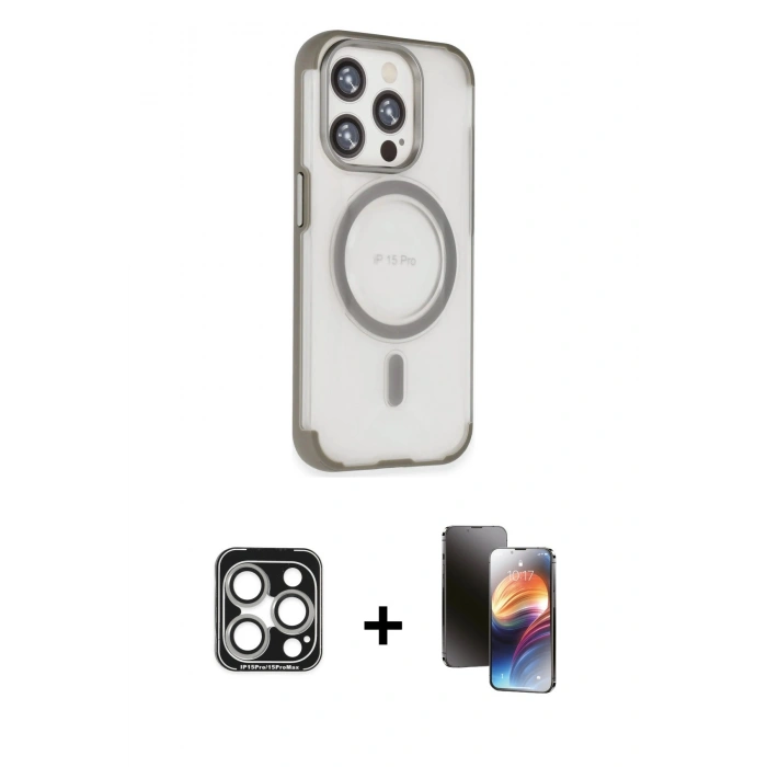 MARSİLYAN™- iPhone 15 Pro Max Kılıf Eksen Klasik Koleksiyonu - Siyah 3D Antistatik Mat Seramik Nano Ekran Koruyucu + PVD Metal Kamera Lens - GS