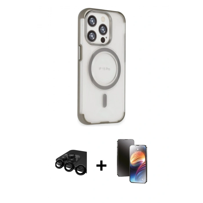 MARSİLYAN™- iPhone 15 Pro Max Kılıf Eksen Klasik Koleksiyonu - Siyah 3D Antistatik Mat Seramik Nano Ekran Koruyucu + Raze Metal Kamera Lens - SH