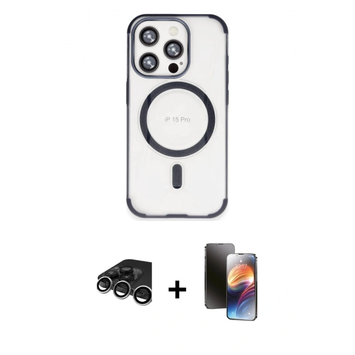 MARSİLYAN™- iPhone 15 Pro Max Kılıf Eksen Klasik Koleksiyonu - Siyah 3D Antistatik Mat Seramik Nano Ekran Koruyucu + Raze Metal Kamera Lens - GS