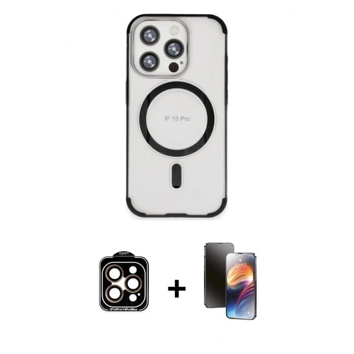 MARSİLYAN™- iPhone 15 Pro Max Kılıf Eksen Klasik Koleksiyonu - Siyah 3D Antistatik Mat Seramik Nano Ekran Koruyucu + PVD Metal Kamera Lens - TU