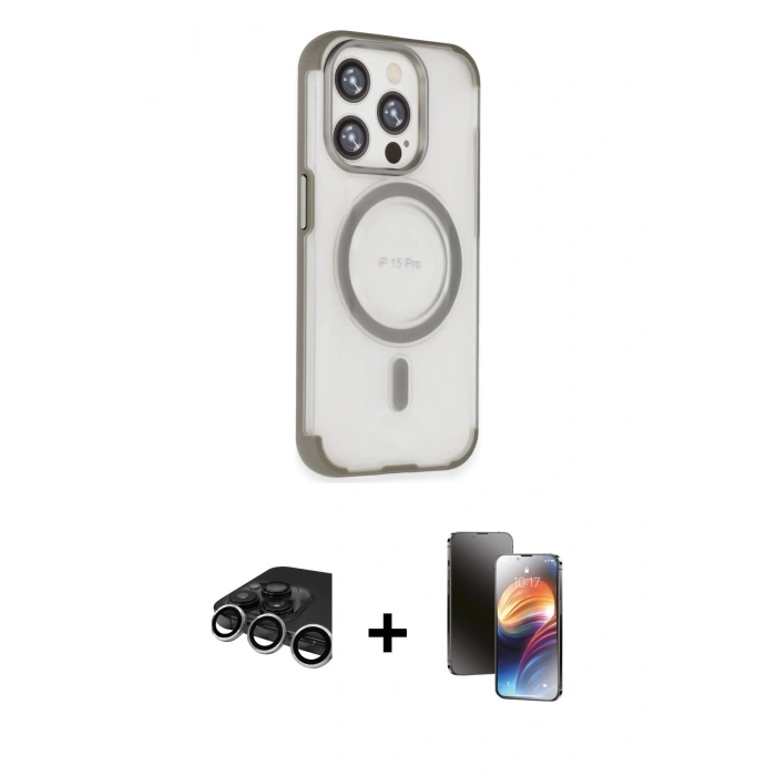MARSİLYAN™- iPhone 15 Pro Max Kılıf Eksen Klasik Koleksiyonu - Siyah 3D Antistatik Mat Seramik Nano Ekran Koruyucu + Raze Metal Kamera Lens - GS