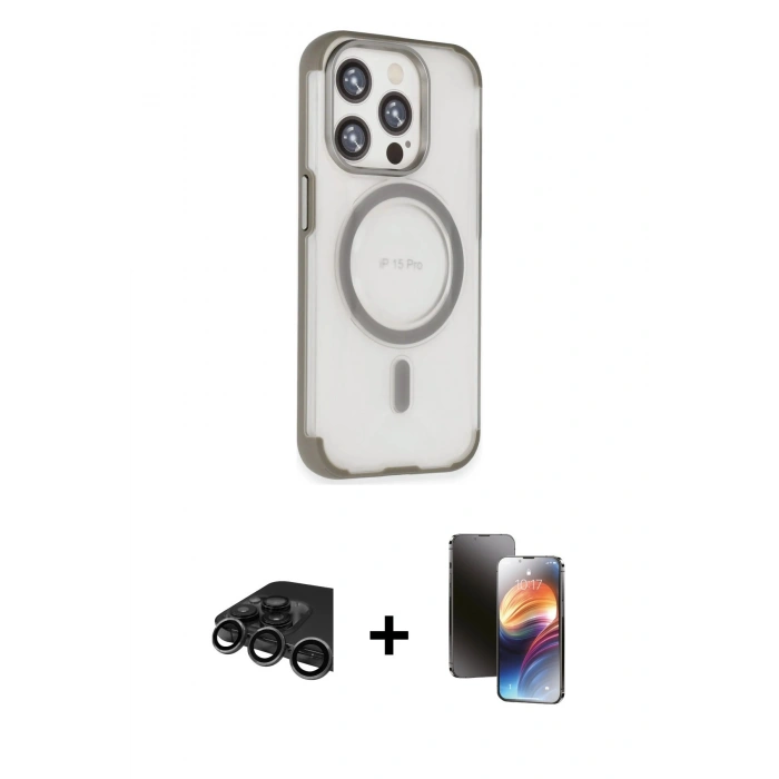 MARSİLYAN™- iPhone 15 Pro Max Kılıf Eksen Klasik Koleksiyonu - Siyah 3D Antistatik Mat Seramik Nano Ekran Koruyucu + Raze Metal Kamera Lens - TMGI
