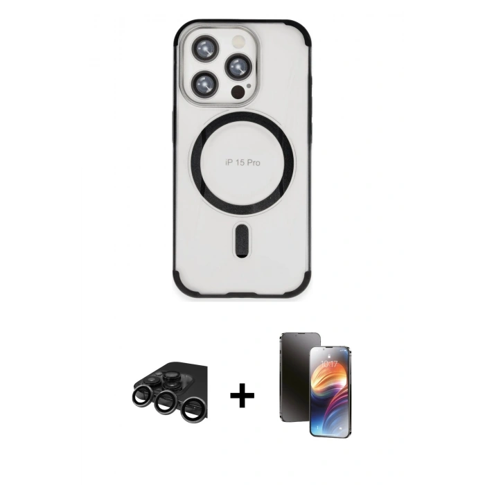 MARSİLYAN™- iPhone 15 Pro Max Kılıf Eksen Klasik Koleksiyonu - Siyah 3D Antistatik Mat Seramik Nano Ekran Koruyucu + Raze Metal Kamera Lens - TMGI