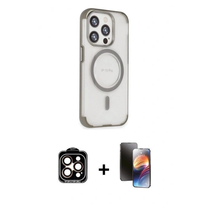 MARSİLYAN™- iPhone 15 Pro Max Kılıf Eksen Klasik Koleksiyonu - Siyah 3D Antistatik Mat Seramik Nano Ekran Koruyucu + PVD Metal Kamera Lens - TU