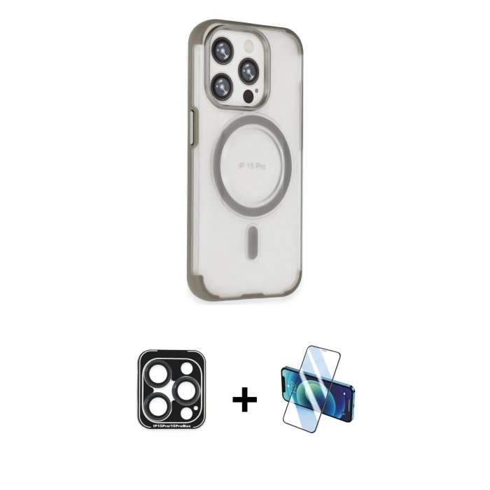 MARSİLYAN™- iPhone 15 Pro Max Kılıf Eksen Klasik Koleksiyonu - Siyah 3D Antistatik Seramik Nano Ekran Koruyucu + PVD Metal Kamera Lens - LT