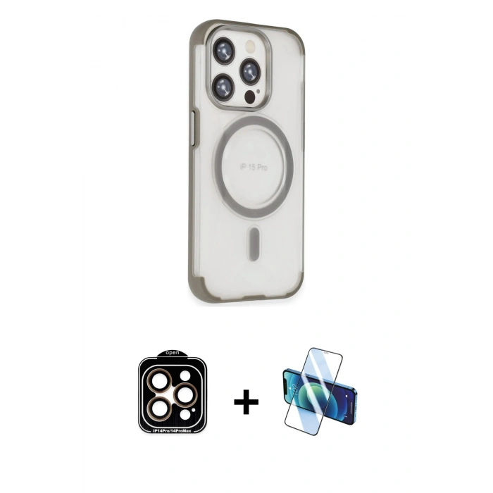 MARSİLYAN™- iPhone 15 Pro Max Kılıf Eksen Klasik Koleksiyonu - Siyah 3D Antistatik Seramik Nano Ekran Koruyucu + Turuncu PVD Metal Kamera Lens