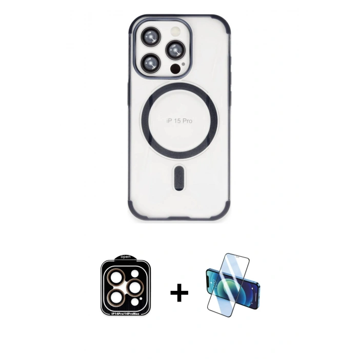 MARSİLYAN™- iPhone 15 Pro Max Kılıf Eksen Klasik Koleksiyonu - Siyah 3D Antistatik Seramik Nano Ekran Koruyucu + Turuncu PVD Metal Kamera Lens
