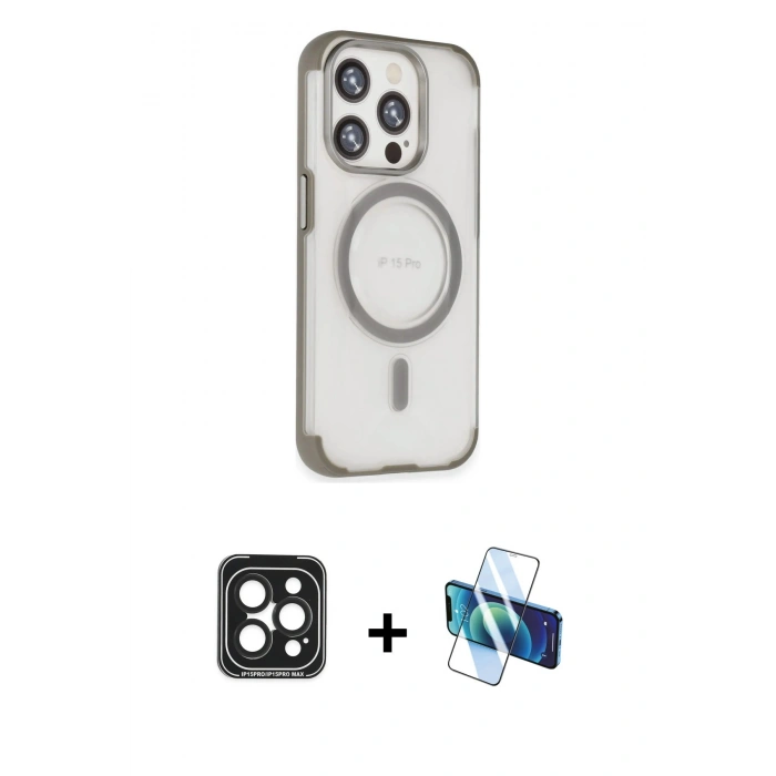 MARSİLYAN™- iPhone 15 Pro Max Kılıf Eksen Klasik Koleksiyonu - Siyah 3D Antistatik Seramik Nano Ekran Koruyucu + PVD Metal Kamera Lens - SH