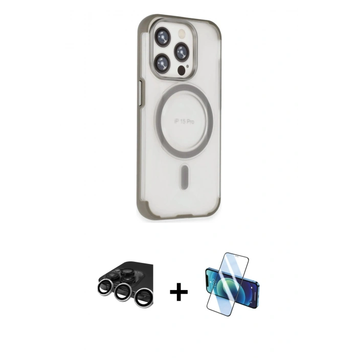 MARSİLYAN™- iPhone 15 Pro Max Kılıf Eksen Klasik Koleksiyonu - Siyah 3D Antistatik Seramik Nano Ekran Koruyucu + Raze Metal Kamera Lens - GS