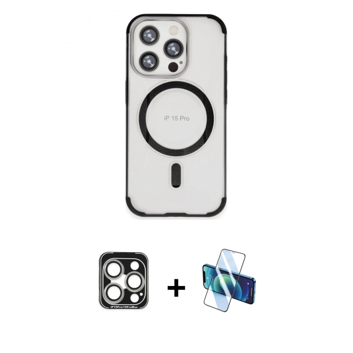 MARSİLYAN™- iPhone 15 Pro Max Kılıf Eksen Klasik Koleksiyonu - Siyah 3D Antistatik Seramik Nano Ekran Koruyucu + PVD Metal Kamera Lens - GS