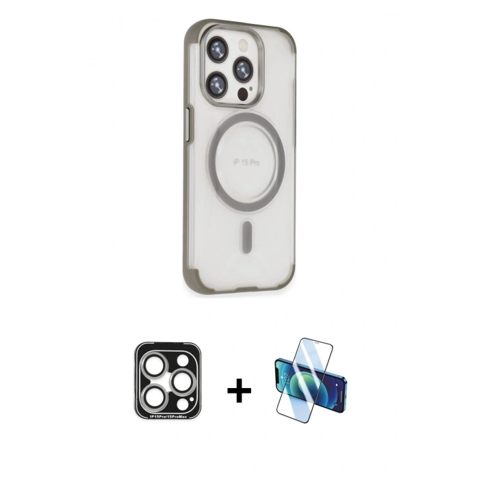MARSİLYAN™- iPhone 15 Pro Max Kılıf Eksen Klasik Koleksiyonu - Siyah 3D Antistatik Seramik Nano Ekran Koruyucu + PVD Metal Kamera Lens - GS