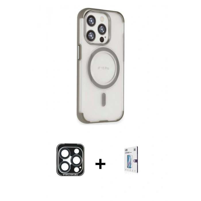 MARSİLYAN™- iPhone 15 Pro Max Kılıf Eksen Klasik Koleksiyonu - Siyah Bilvis 0.18mm Plus Cam Ekran Koruyucu + Lacivert PVD Metal Kamera Lens