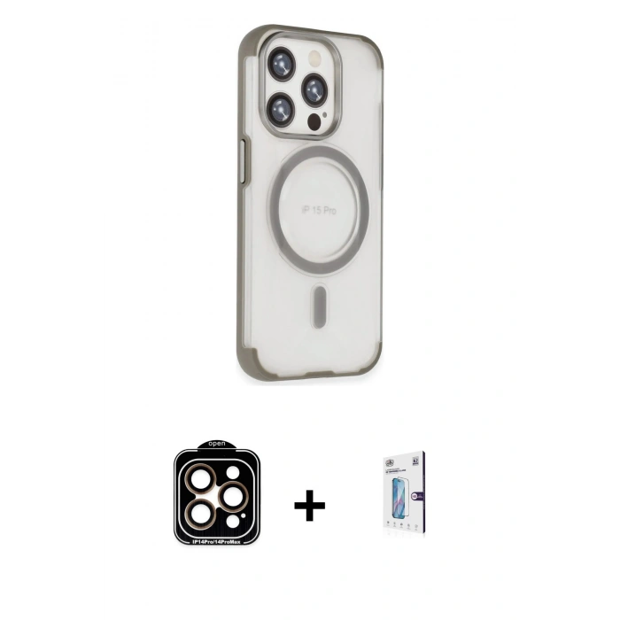 MARSİLYAN™- iPhone 15 Pro Max Kılıf Eksen Klasik Koleksiyonu - Siyah Bilvis 0.18mm Plus Cam Ekran Koruyucu + PVD Metal Kamera Lens - TU